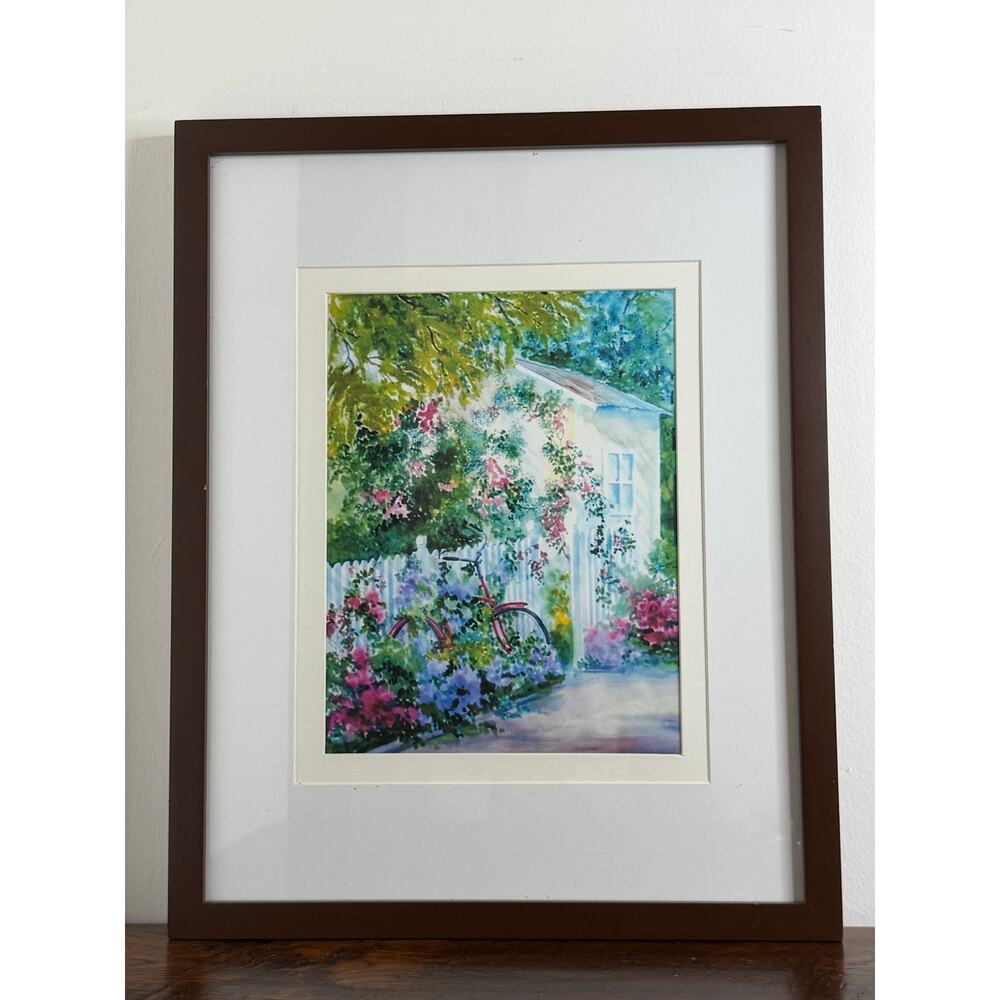 Vintage Floral Wall Art Framed Print 12"x15" | White Fence Bicycle Garden Scene